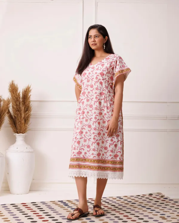 White_Rose_Floral_Handblock_Printed_Cotton_Kaftan